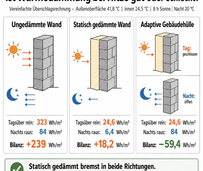 Grafik zur sommerlichen Wirkung von Wärmedämmung und einer adaptiven Gebäudehülle